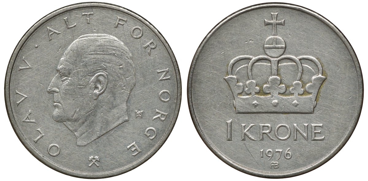 НОРВЕГИЯ 1 КРОНА 1976 ОЛАФ V KM 419 медно-никель 72-956