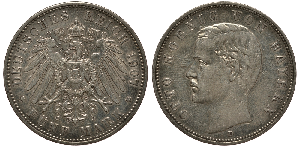 Бавария 5 марок 1907 Отто (1886-1913) Weege 47, J. 46, KM 512 серебро 3711-1525