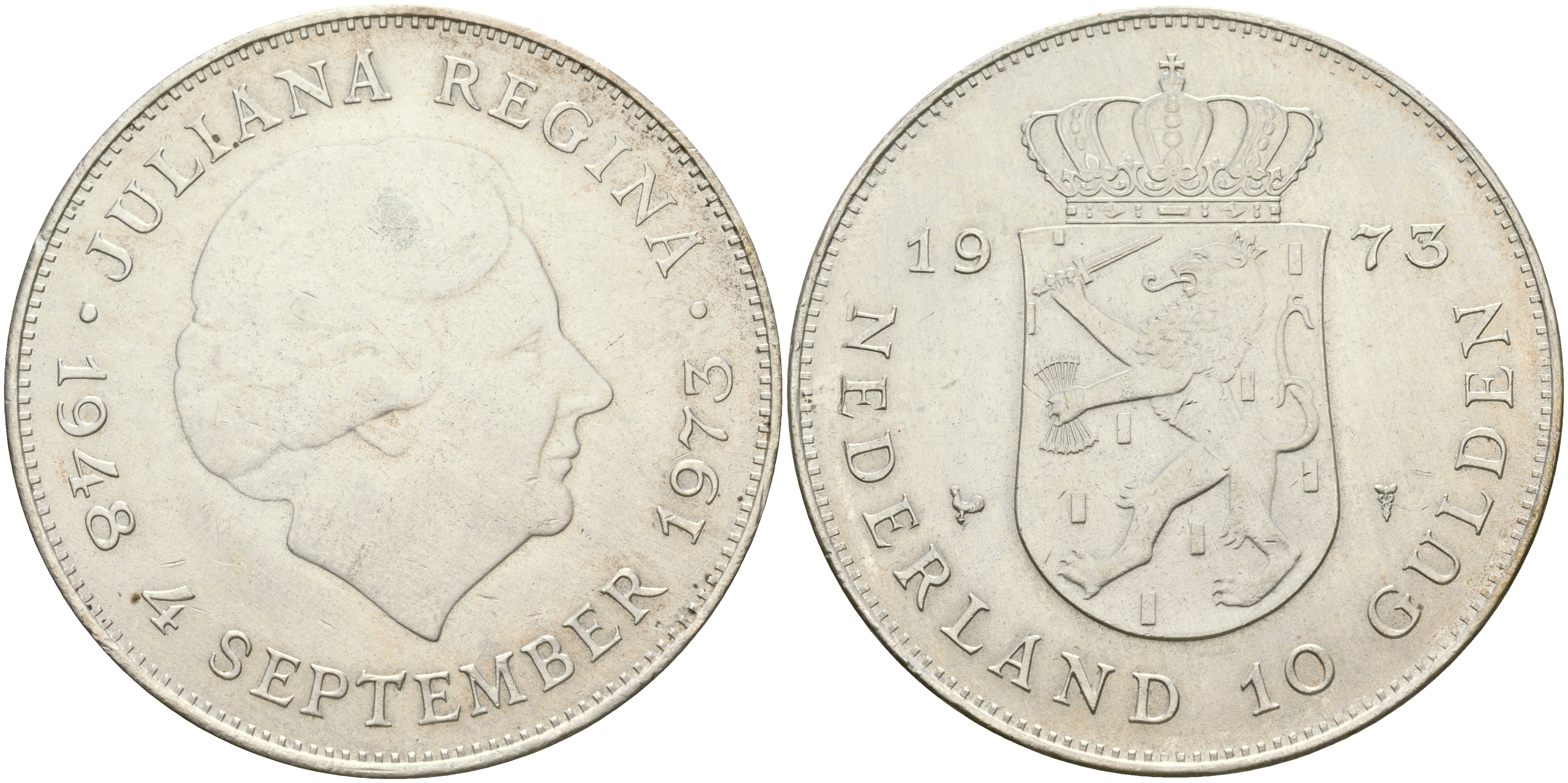 Нидерланды 10 гульденов 1973 25 лет правления королевы Юлианы KM 196 серебро 4552-922