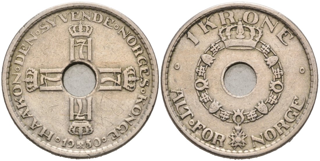 Норвегия 1 крона 1950 Хокон VII (1905-1957) KM 385 медно-никель 92-335