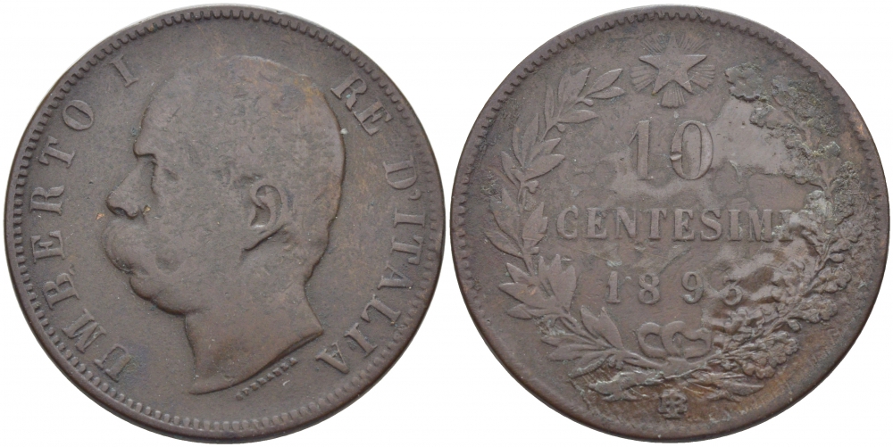 ИТАЛИЯ 10 ЧЕНТЕЗИМО 1893 B/I, УМБЕРТО I (1878-1900) KM 27.1 медь 114-622