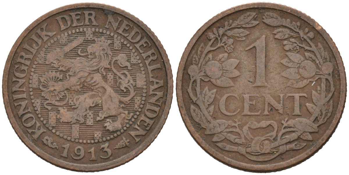 Нидерланды 1 цент 1913 Вильгельмина (1890-1948) KM 152 бронза 4576-669