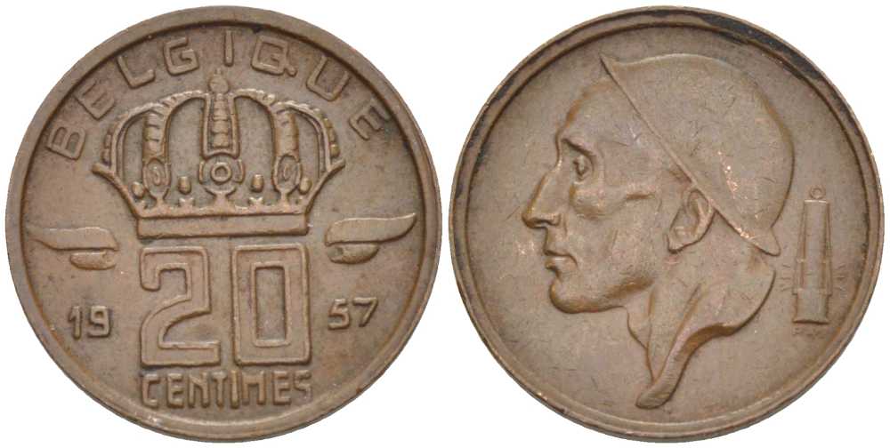 БЕЛЬГИЯ 20 САНТИМОВ 1957 BELGIQUE KM 146 бронза 66-934