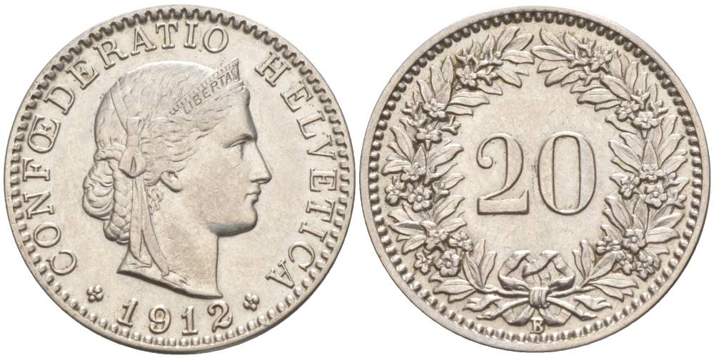 ШВЕЙЦАРИЯ 20 РАППЕНОВ 1912 В KM 29 никель 55-625
