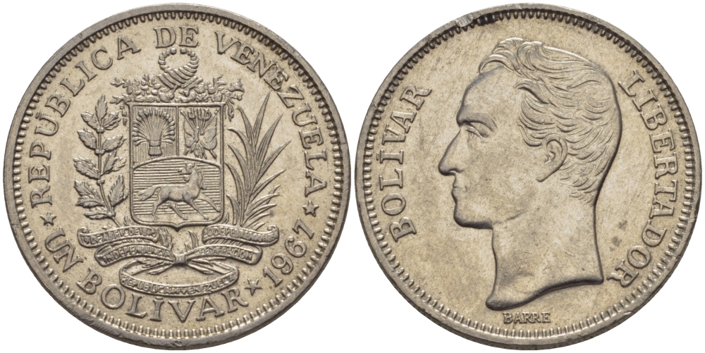 Венесуэла 1 боливар 1967 Симон Боливар KM 42 никель 31-526