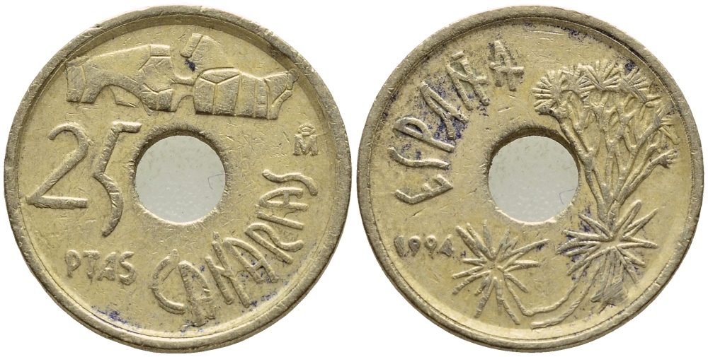 ИСПАНИЯ 25 ПЕСЕТ 1994 КАНАРСКИЕ ОСТРОВА (CANARIAS), ХУАН КАРЛОС I (1975-) KM 933 никель бронза 4397-611