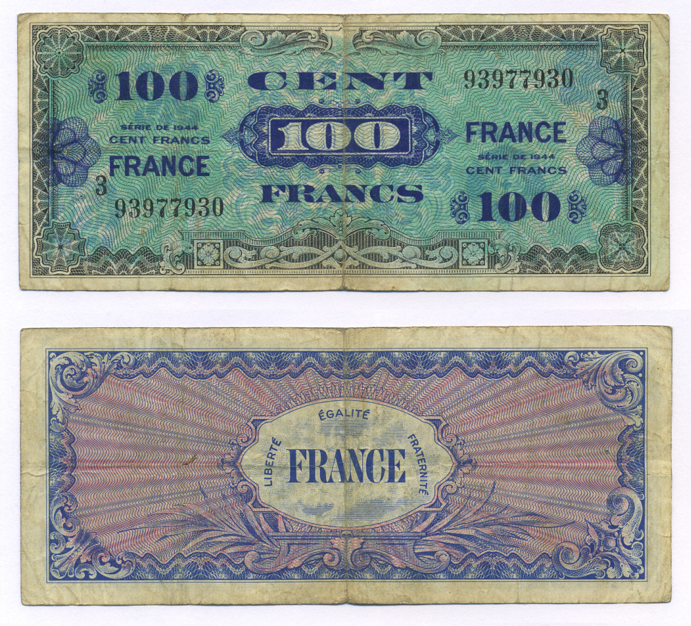 Франция 100 франков 1944 военный выпуск Pick 123 с бумага 7146-4-1-1