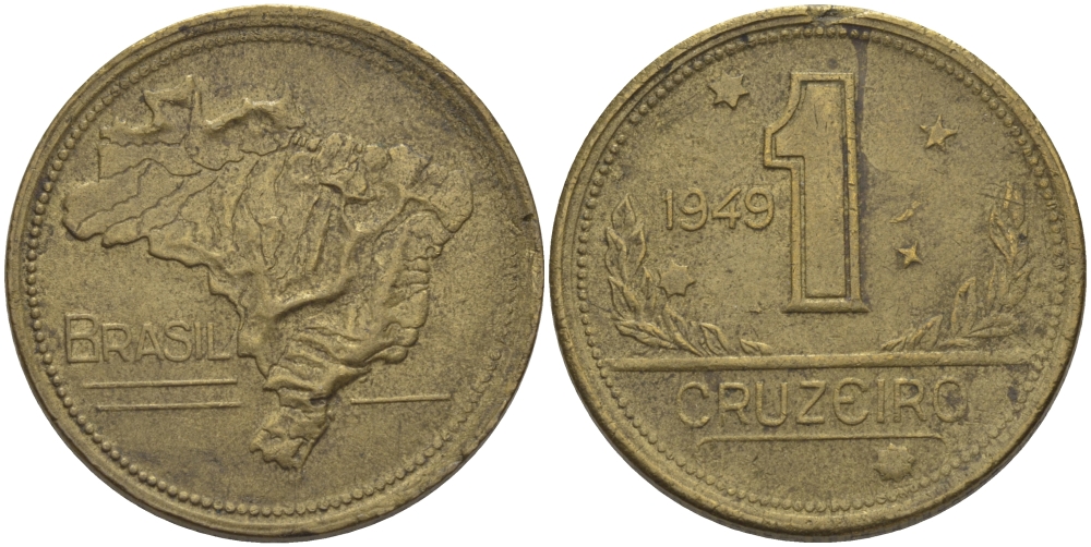 Бразилия 1 крузейро 1949 KM 558 алюминиевая бронза 72-611