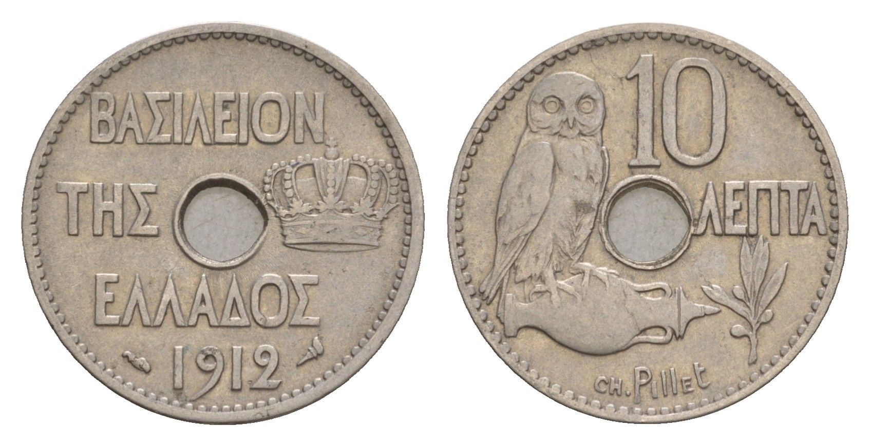 Греция 10 лепт 1912 Георг I (1863-1913), сова KM 63 никель 4655-332