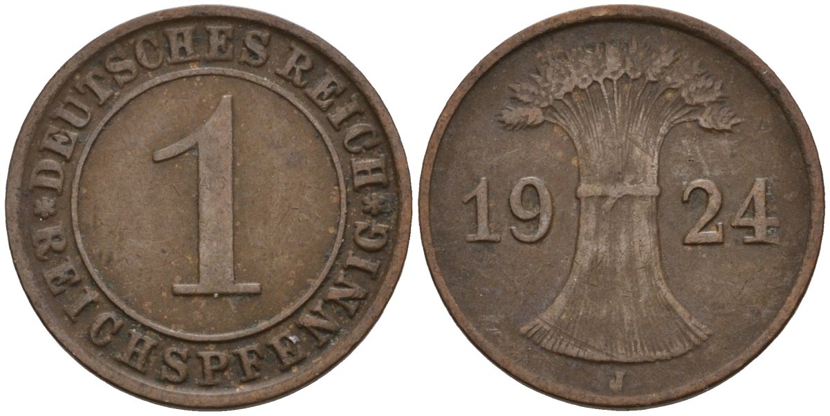 Германия 1 рейхспфенниг 1924 J KM 37, J. 313 бронза 4516-332
