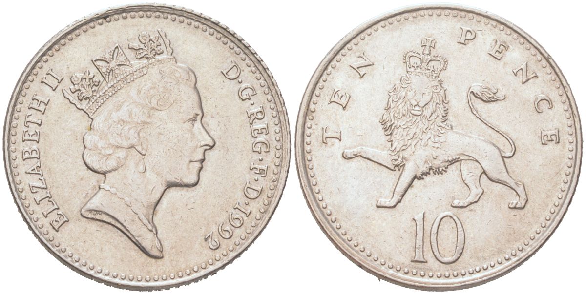 Великобритания 10 пенсов 1992 Елизавета II (1952-2022) KM 938b, Spink F4 медно-никель 4128-446