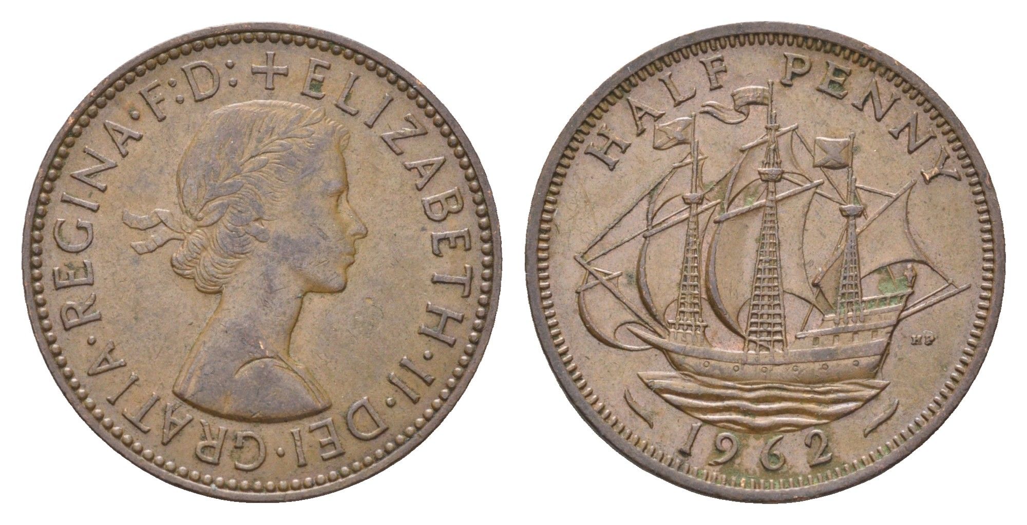 Великобритания 1/2 пенни 1962 Елизавета II (1952-2022) KM 896, Spink 4158 бронза    4660-643