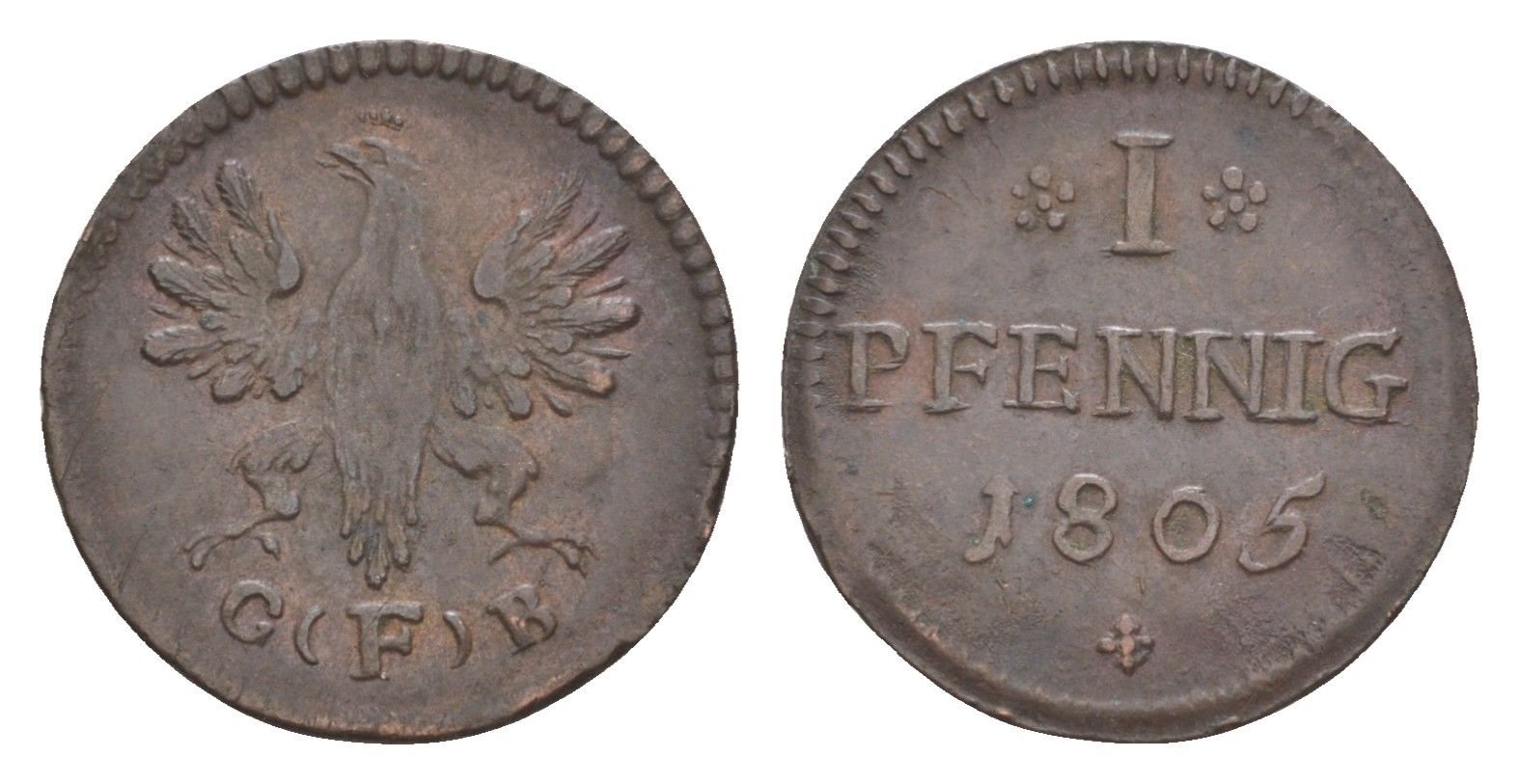 Франкфурт 1 пфенниг 1805 G(F)B KM 268 медь 1522-1243