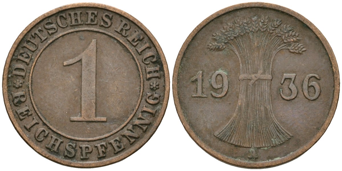 Германия 1 рейхспфенниг 1936 A KM 37, J. 313 бронза 4528-869