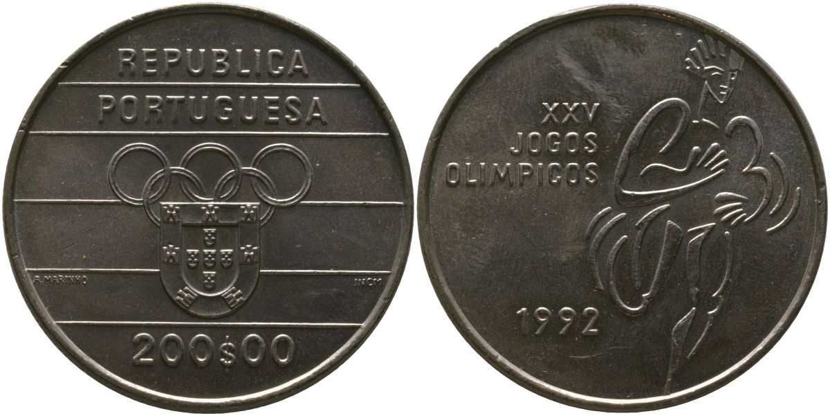Португалия 200 эскудо 1992 INCM, XXV летние Олимпийские Игры, Барселона 1992 KM 662 медно-никель aUNC 118-1015