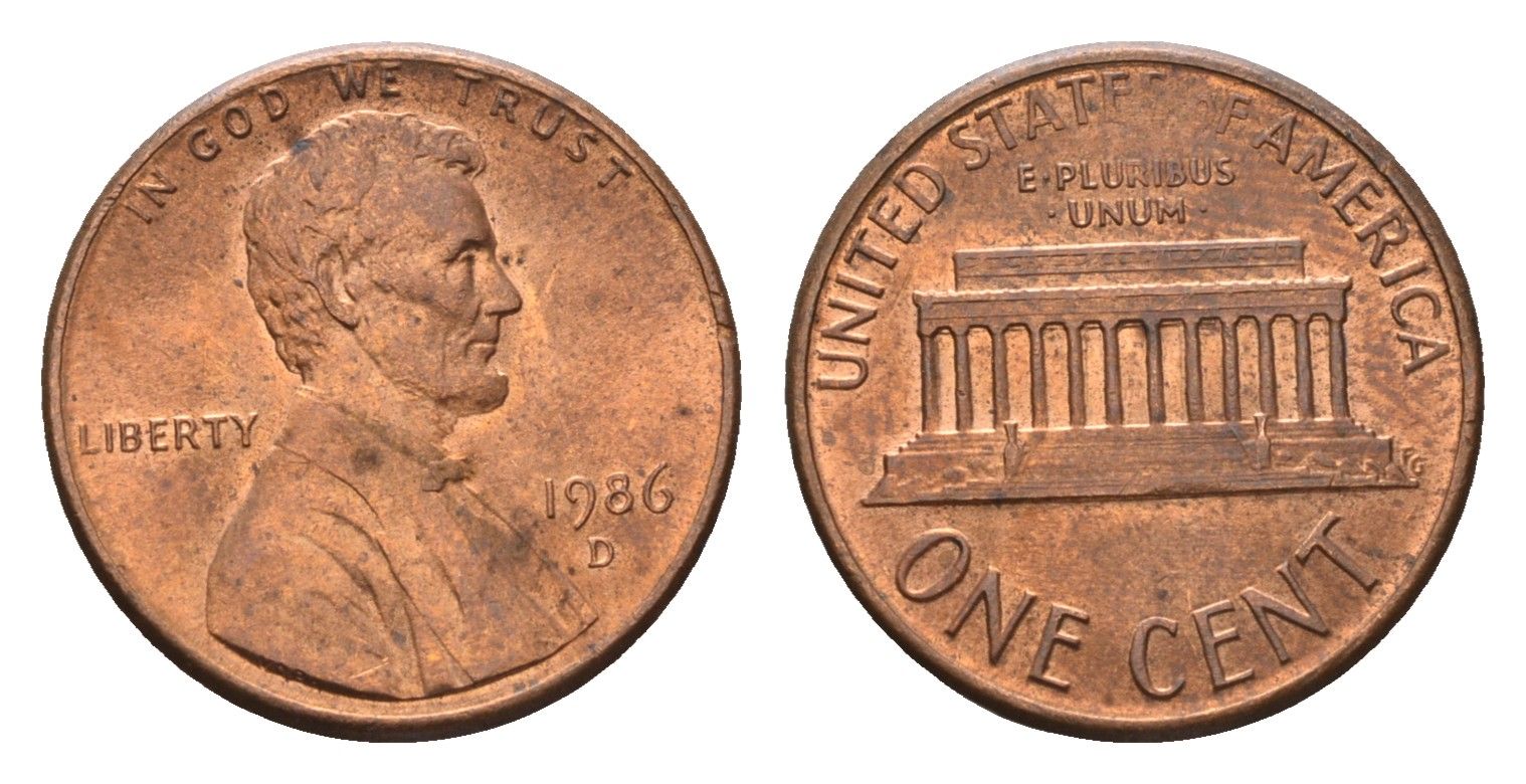 США 1 цент 1986 D, Линкольн KM 201b цинк плакированный медью 4685-459