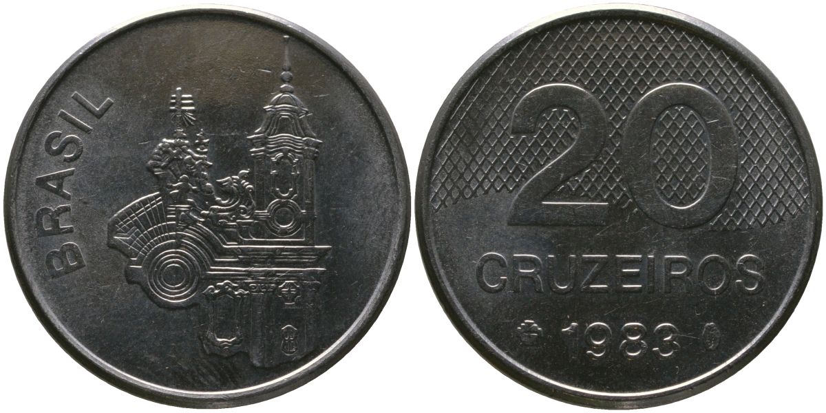 Бразилия 20 крузейро 1983 KM 593.1, Schon 102 нержавеющая сталь aUNC 4519-256