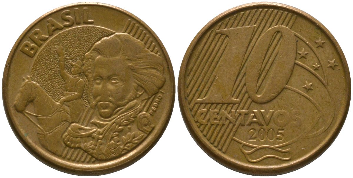 Бразилия 10 сентаво 2005 KM 649, Schon 157 сталь плакированная бронзой 4523-745