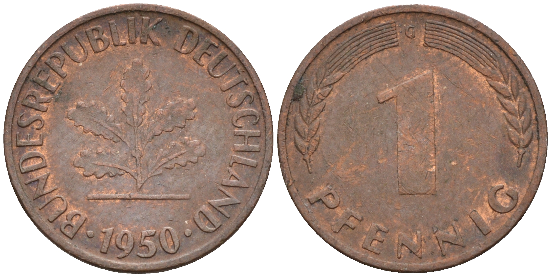 ФРГ 1 пфенниг 1950 G KM 105, J. 380 сталь плакированная медью    4115-112