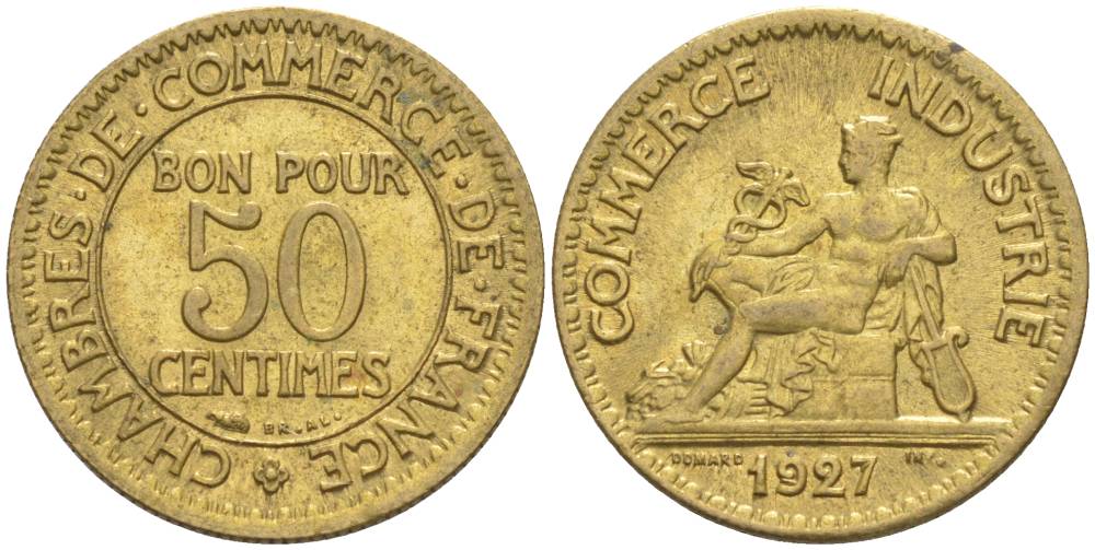 ФРАНЦИЯ 50 САНТИМОВ 1927 ТИП CHAMBRERES DE COMMERCE KM 884, LE FRANC 191.10 алюминиевая бронза 44-353