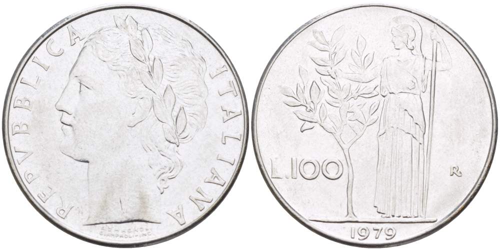 ИТАЛИЯ 100 ЛИР 1979 R, АФИНА KM 96.1 нержавеющая сталь 4526-334