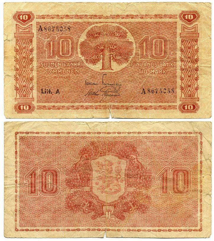 ФИНЛЯНДИЯ 10 МАРОК 1945 БУКВА А Pick 77а бумага 7484-40-2