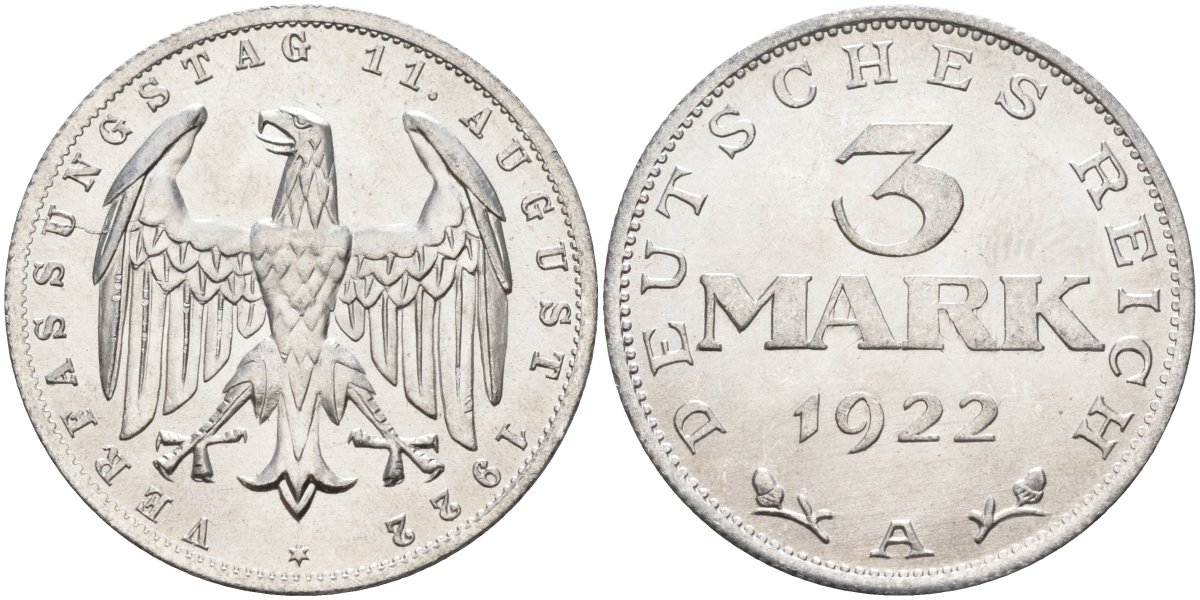 Германия 3 марки 1922 A, третья годовщина Веймарской Конституции KM 29, J.303 алюминий UNC 4587-323