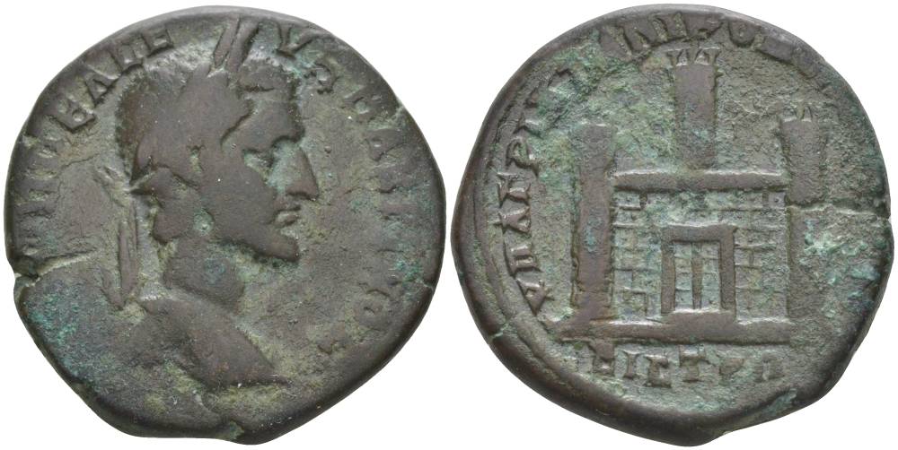 Римская Империя, Провинция Нижняя Мезия, Никополь-на-Истре АЕ 217 - 218 Макрин, бюст императора / городские ворота, 12,60 гр медь 1073-22-21