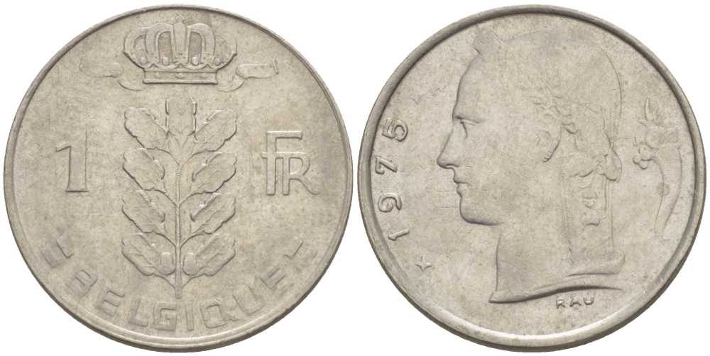 БЕЛЬГИЯ 1 ФРАНК 1975 BELGIQUE, БОДУЭН I (1951-1993) KM 142.1 медно-никель 213-534