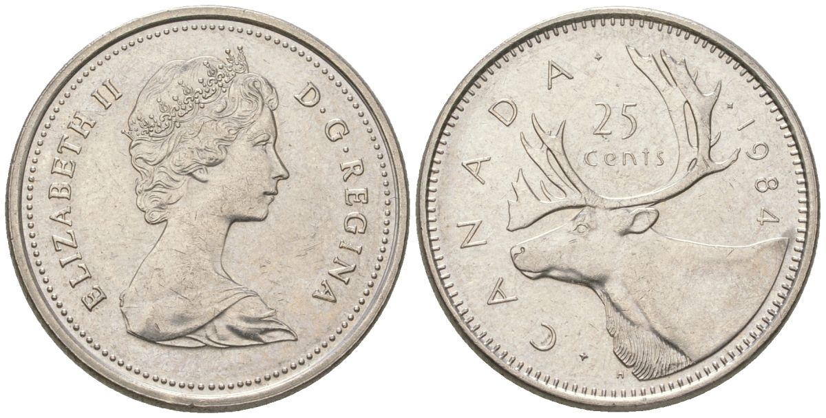 Канада 25 центов 1984 Елизавета II (1952-2022), олень KM 74 никель aUNC 4616-757