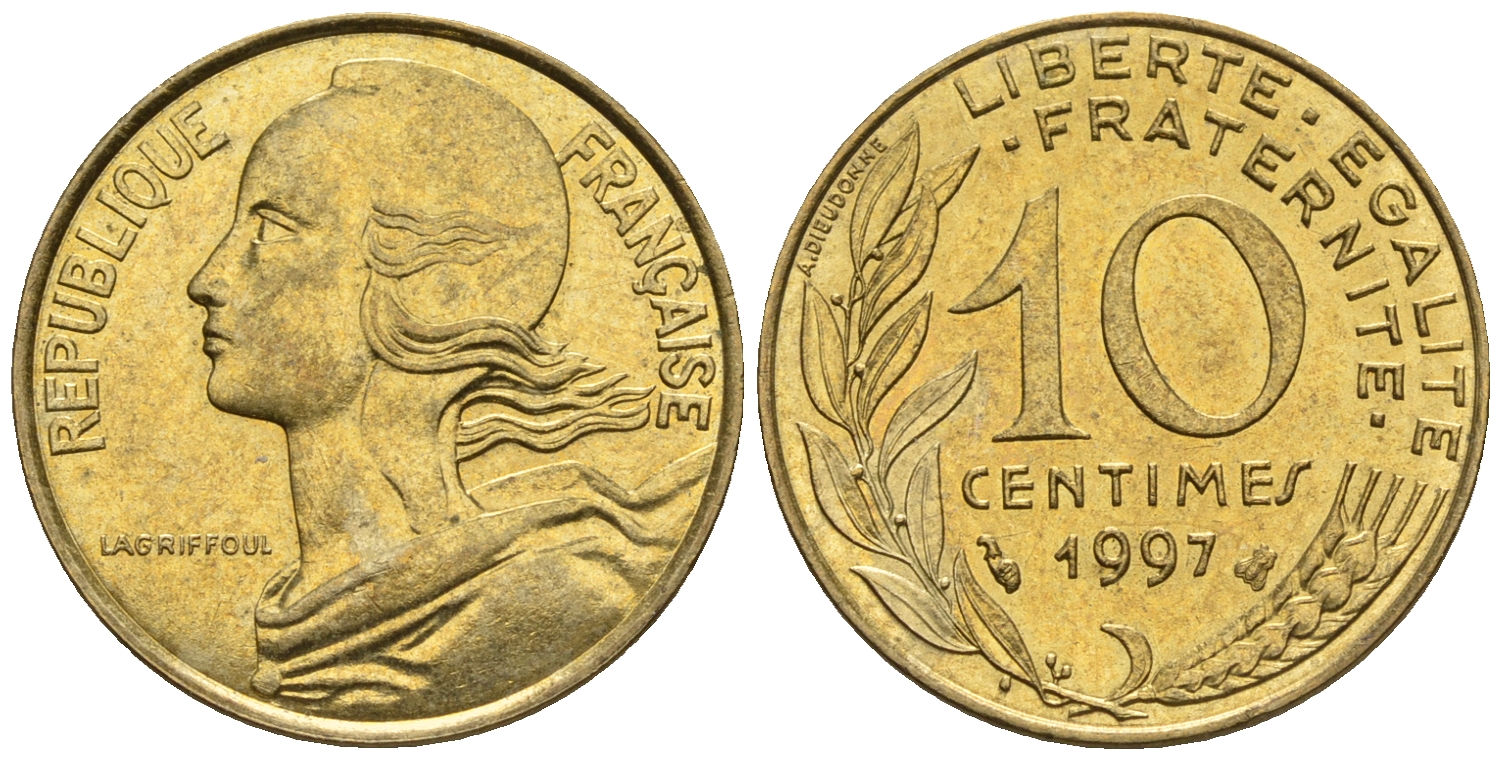 Франция 10 сантимов 1997 тип Marianne KM 929 медь алюминий никель 4609-313