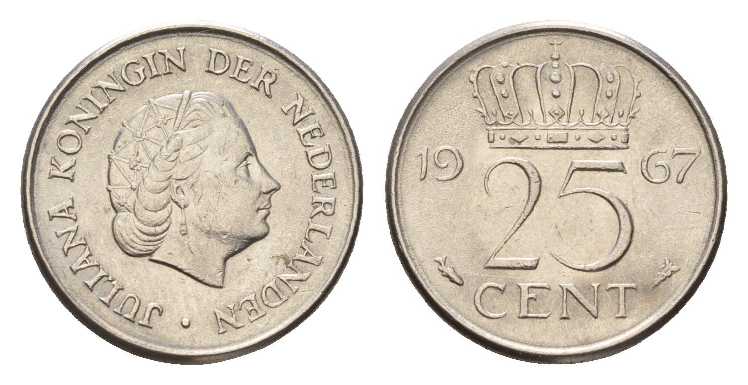 Нидерланды 25 центов 1967 Юлиана (1948-1980) KM 183 никель 4658-852