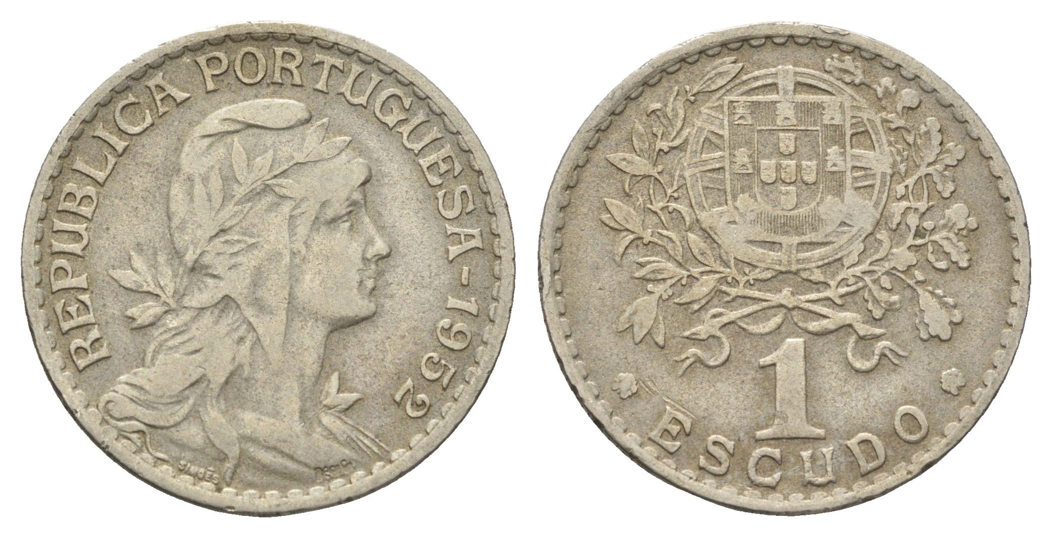 Португалия 1 эскудо 1952 голова Свободы вправо KM 578 никель латунь    4660-352