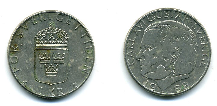 Швеция 1 крона 1988 Карл XVI Густав (1973- ) KM 852a медно-никель 37-913