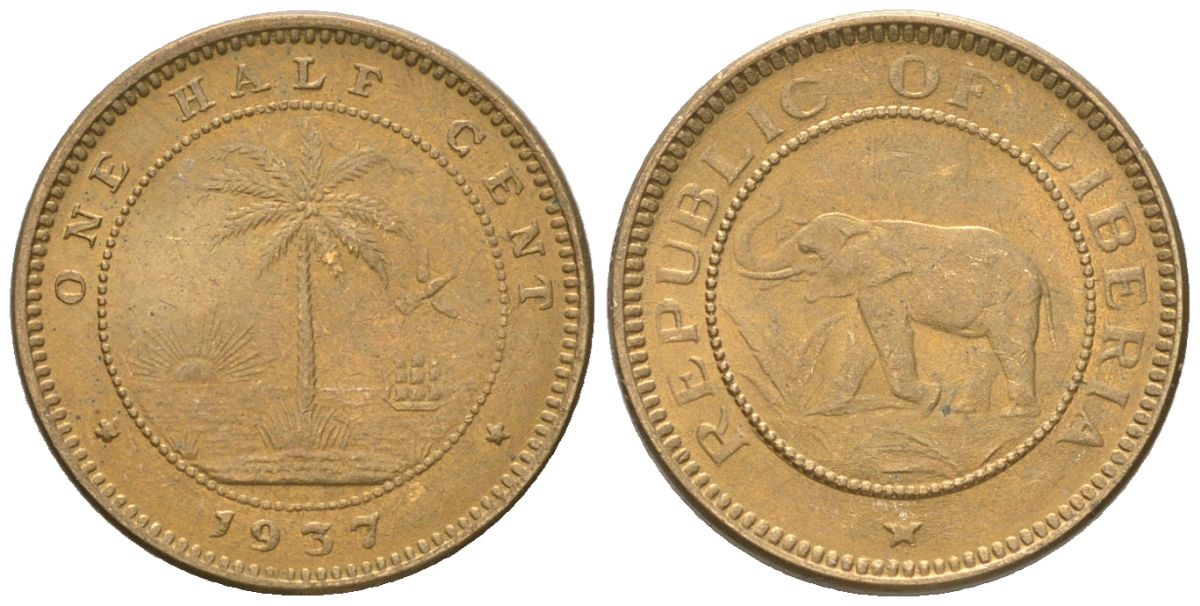 Либерия 1/2 цента 1937 KM 10 латунь aUNC 4588-936