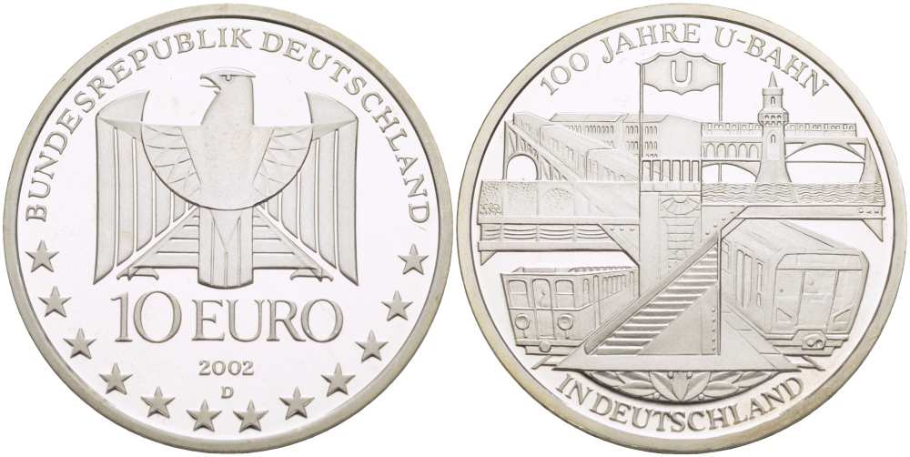 ФРГ 10 евро 2002 D, 100 лет немецкому метро KM 216, DE.S. 10.2 серебро PROOF 1085-5-34