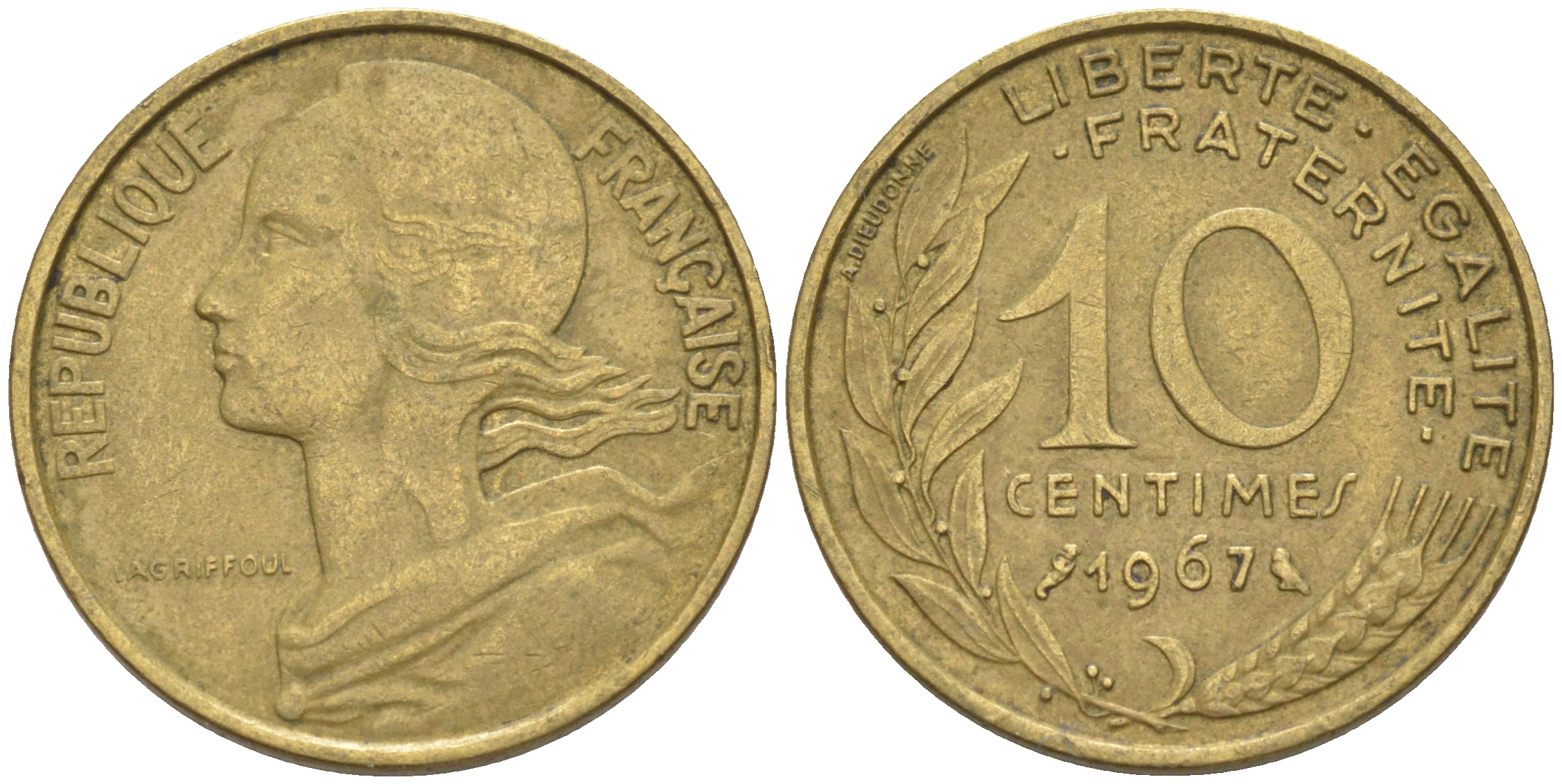 Франция 10 сантимов 1967 тип Marianne KM 929, LE FRANC 144.7 медь алюминий никель 4511-732