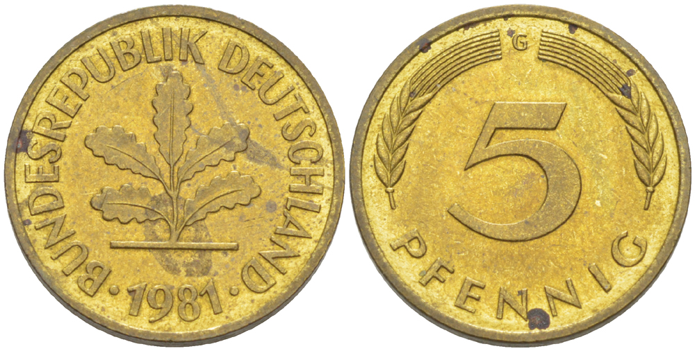 ФРГ 5 ПФЕННИГОВ 1981 G KM 107, J. 382 сталь плакированная латунью 4181-1011