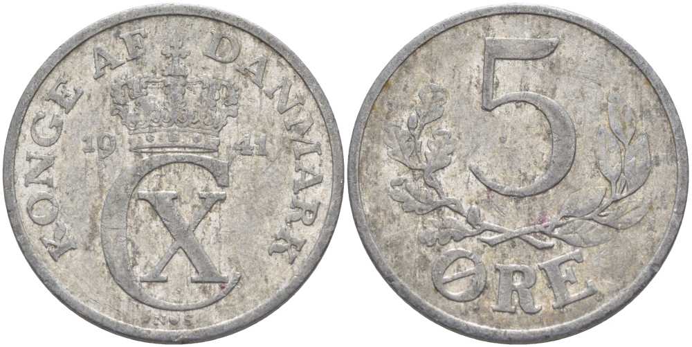 ДАНИЯ 5 ЭРЕ 1941 N ; S, КРИСТИАН X (1912-1947) KM 834 алюминий 38-346