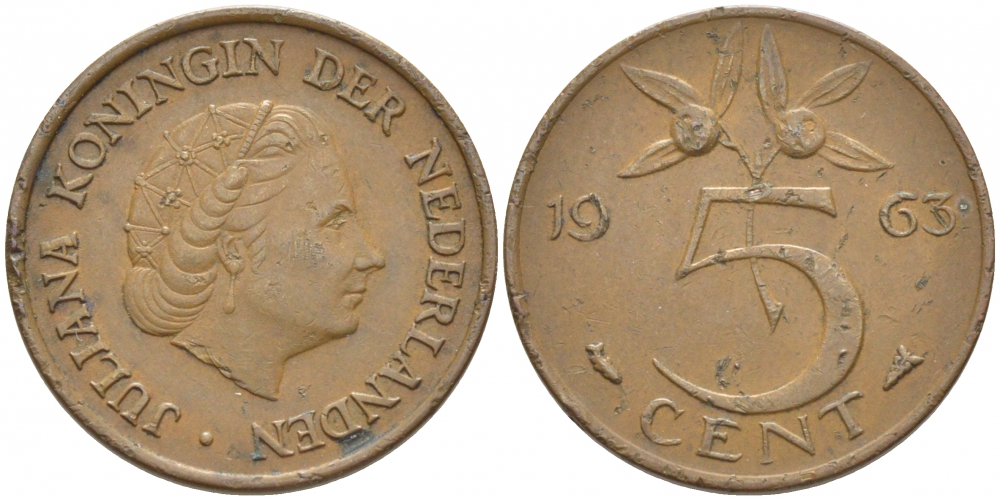 НИДЕРЛАНДЫ 5 ЦЕНТОВ 1963 ЮЛИАНА KM 181 бронза 3856-1241