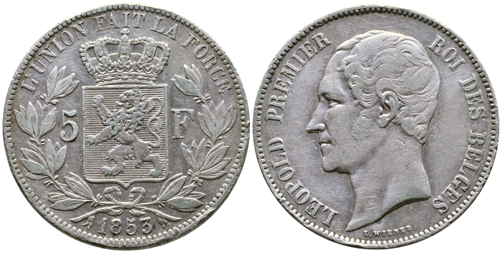 Бельгия 5 франков 1853 Леопольд I (1831-1865) KM 17 серебро 00-1067-5-51