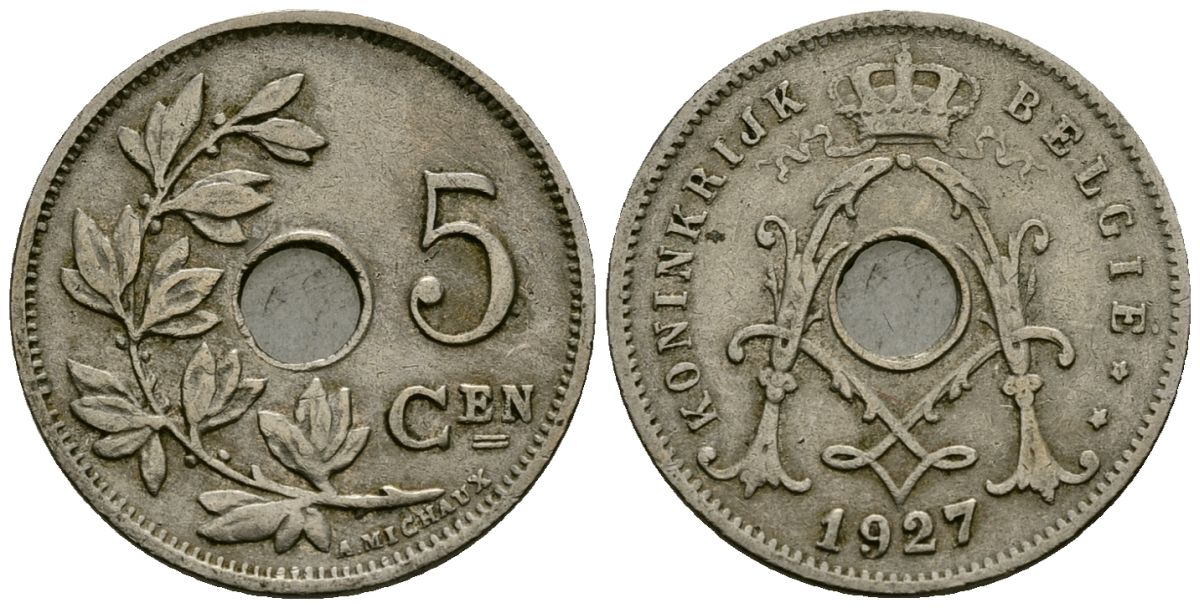 Бельгия 5 сантимов 1927 Belgie KM 67 медно-никель 4173-314