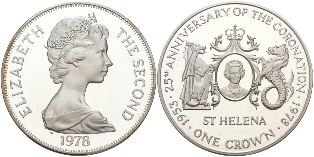 Остров Святой Елены 1 крона 1978 25 лет коронации Елизаветы II, в оригинальной коробке KM 7а серебро PROOF 00-00