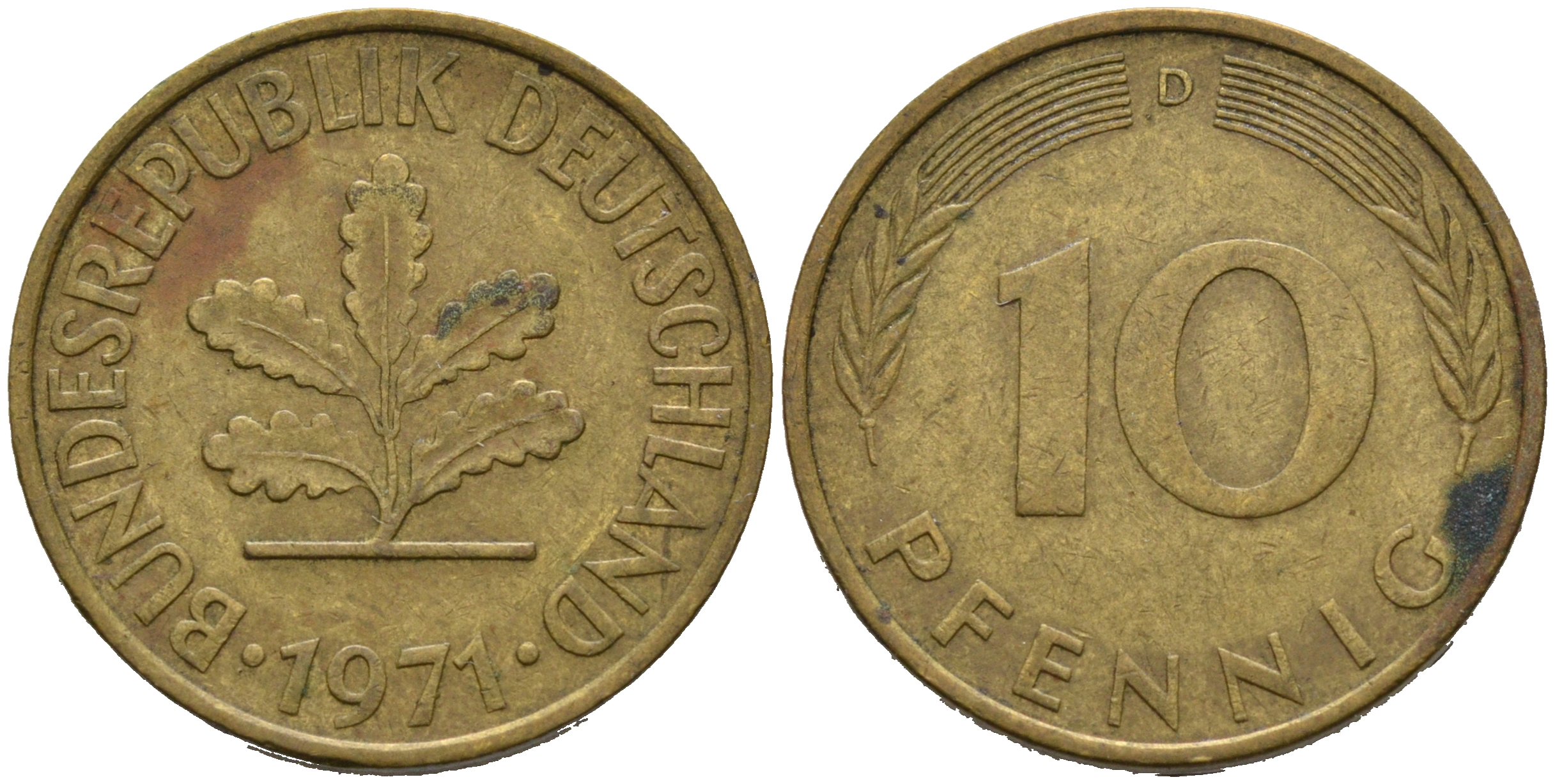 ФРГ 10 ПФЕННИГОВ 1971 D KM 108, J. 383 сталь плакированная латунью 75-633