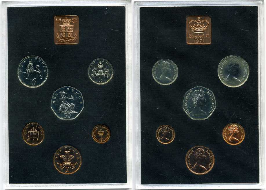 Великобритания набор из 6 монет + жетон монетного двора 1971 в оригинальной пластиковой упаковке, с сертификатом KM PS 27 PROOF 3-6-4-15