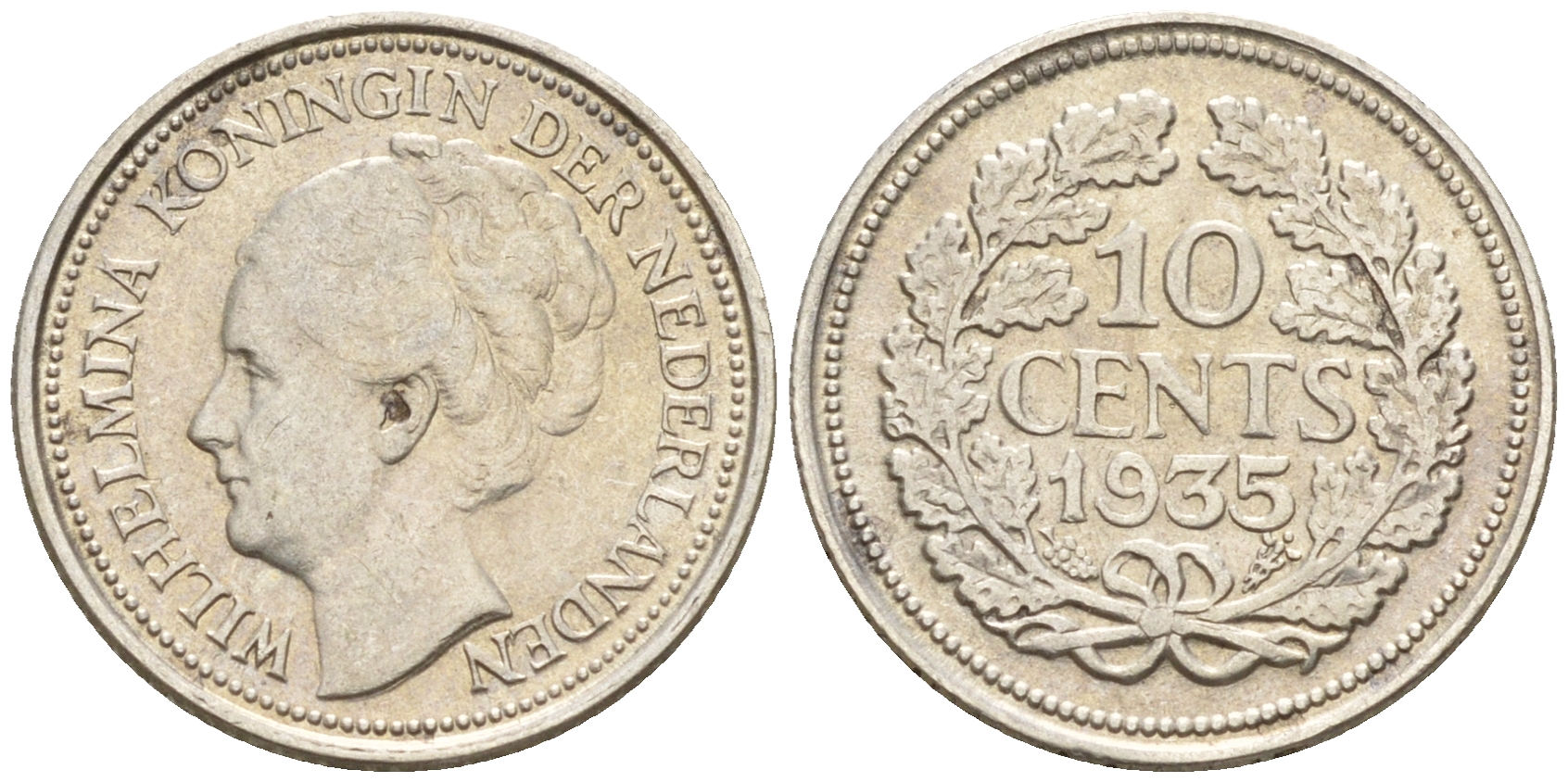 Нидерланды 10 центов 1935 Вильгельмина I (1890-1948) КМ 163 серебро  4160-1234