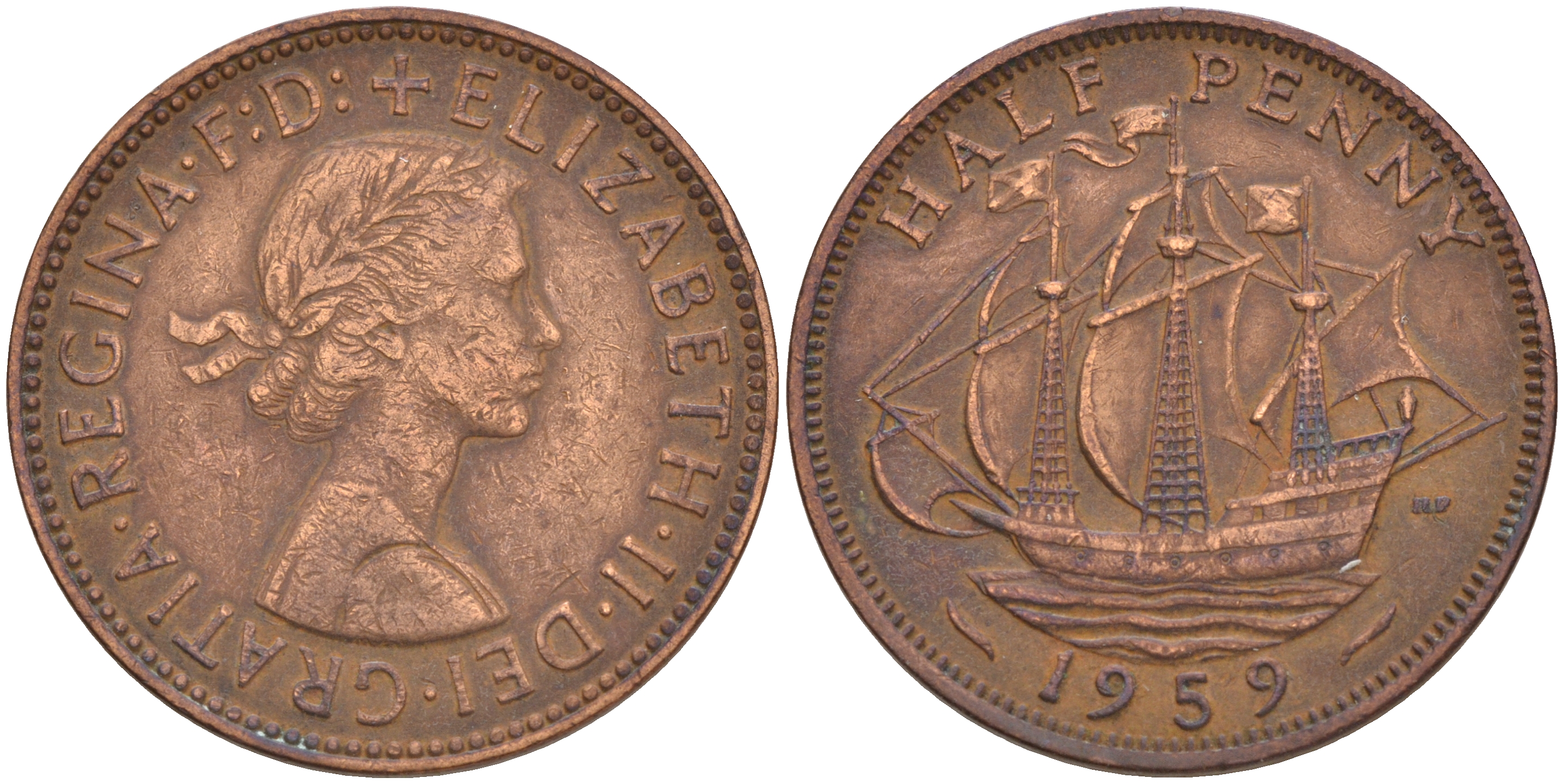 Великобритания 1/2 пенни 1959 Елизавета II (1952-2022) KM 896, Spink 4158 бронза 4561-526