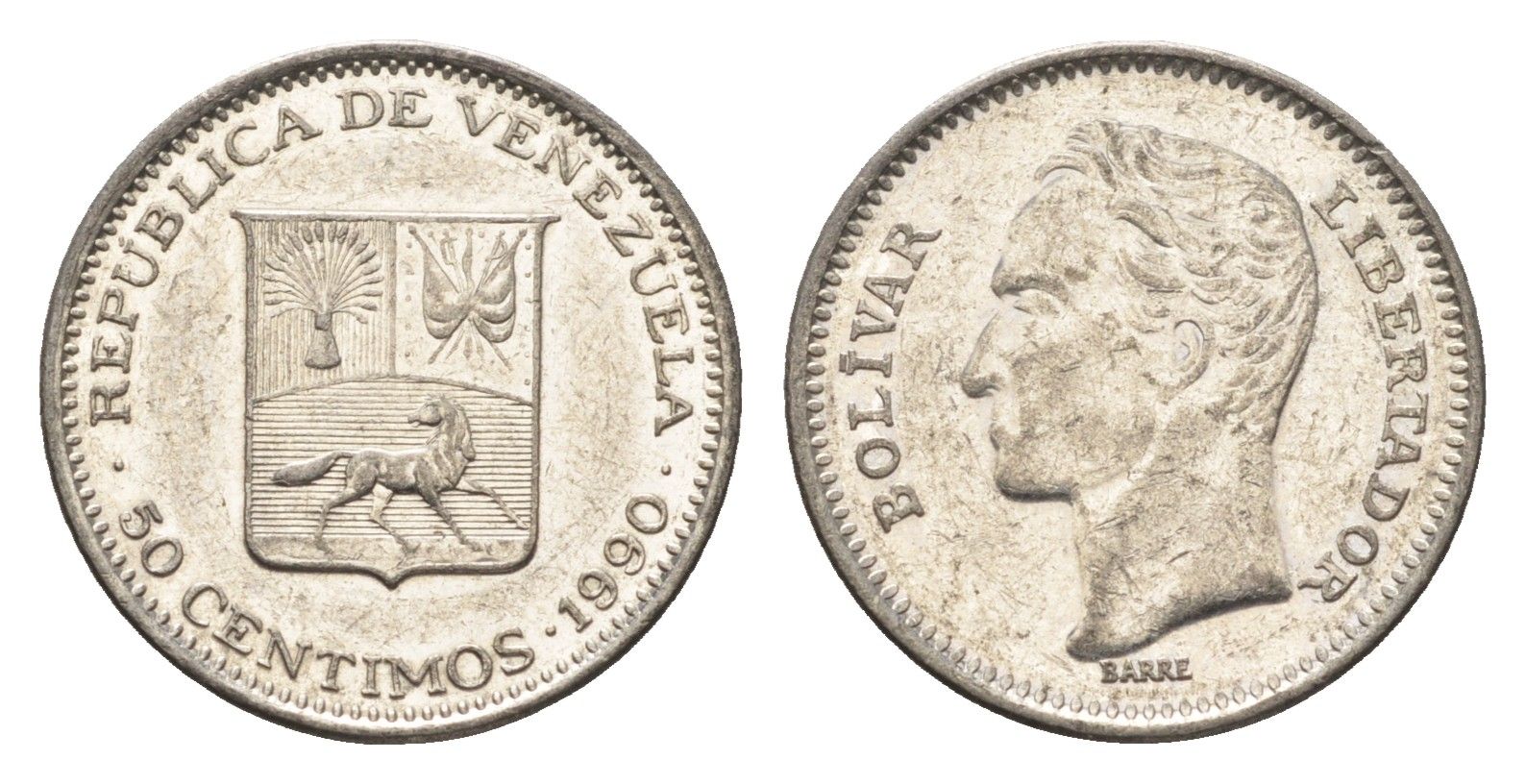 Венесуэла 50 сентимо 1990 Симон Боливар Y 41a сталь плакированная никелем 4664-228