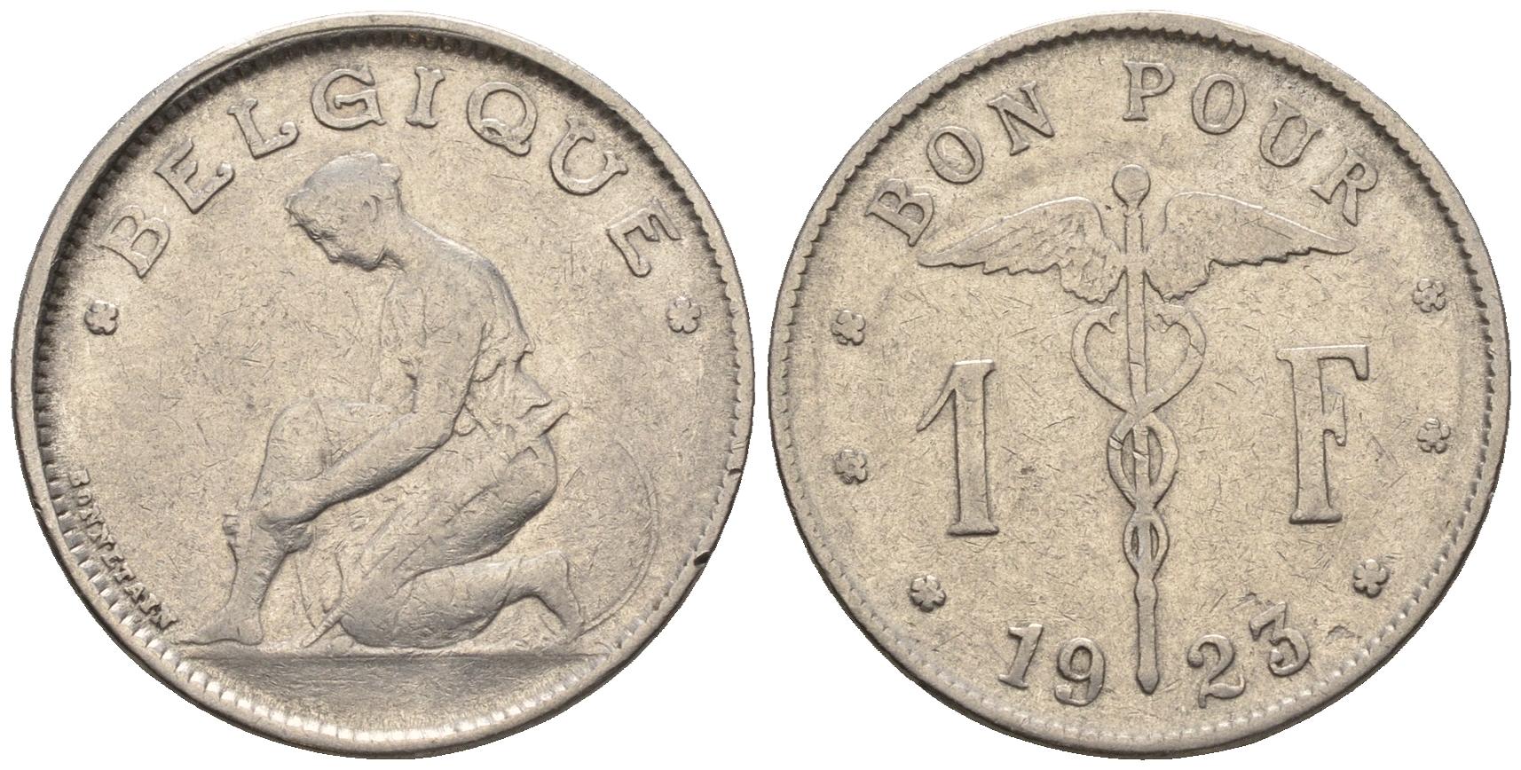 Бельгия 1 франк 1923 Belgique, Альберт I (1909-1934) KM 89 никель 85-635