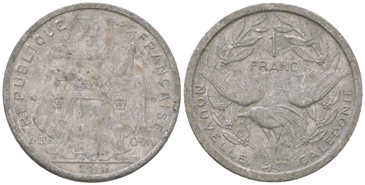 Французская Новая Каледония 1 франк 2011 птица кагу, (IEOM) KM 10, Schoen 10 алюминий 35-1153